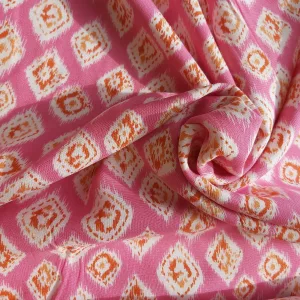 100% Viscose Pink (Fuchsia) with Orange and White diamond print