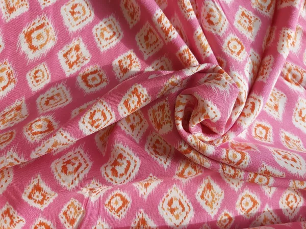100% Viscose Pink (Fuchsia) with Orange and White diamond print
