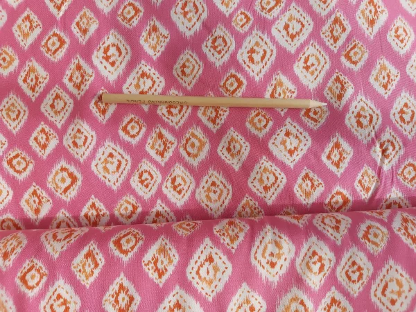 100% Viscose Pink (Fuchsia) with Orange and White diamond print