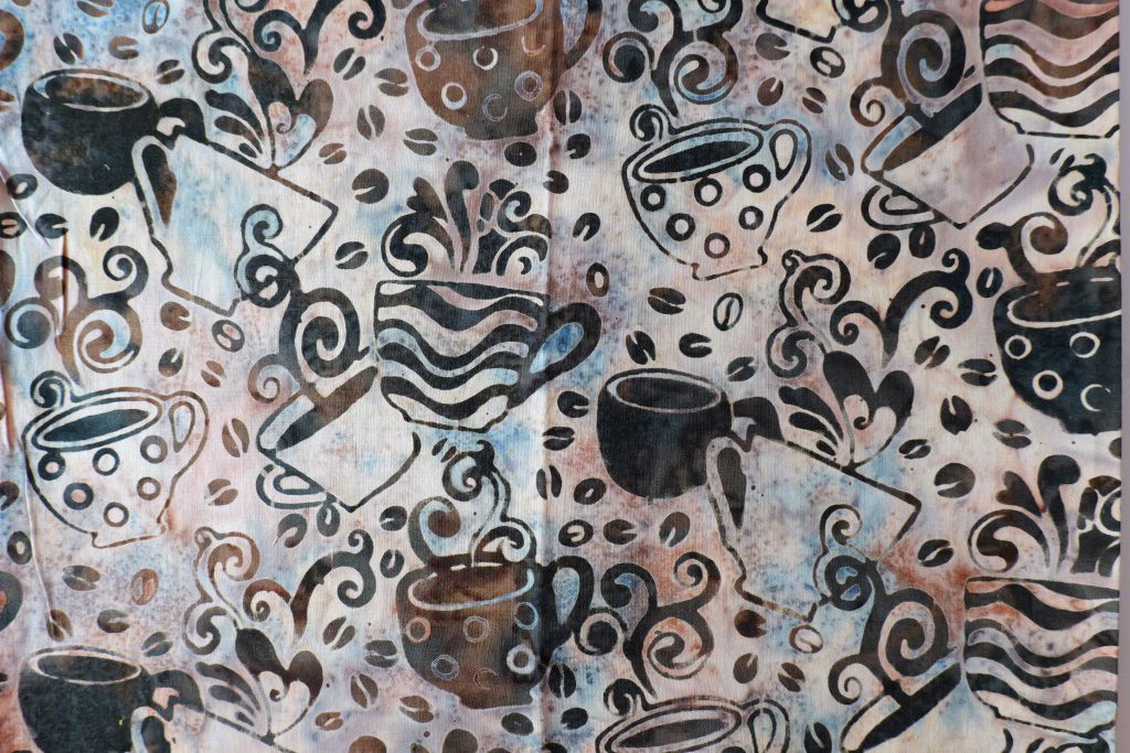 Cream fabric with a brown coffee cup print - Hoffman Fabrics - Bali Batik Handprints – SKU 3338 337