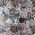 Cream fabric with a brown coffee cup print - Hoffman Fabrics - Bali Batik Handprints – SKU 3338 337