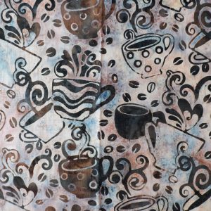Cream fabric with a brown coffee cup print - Hoffman Fabrics - Bali Batik Handprints – SKU 3338 337