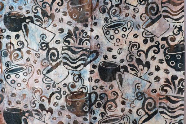 Cream fabric with a brown coffee cup print - Hoffman Fabrics - Bali Batik Handprints – SKU 3338 337