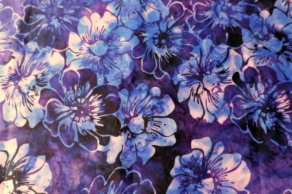 Purple fabric with a blue floral print - Hoffman Fabrics - Bali Batik Handprints – Sku 3361 518